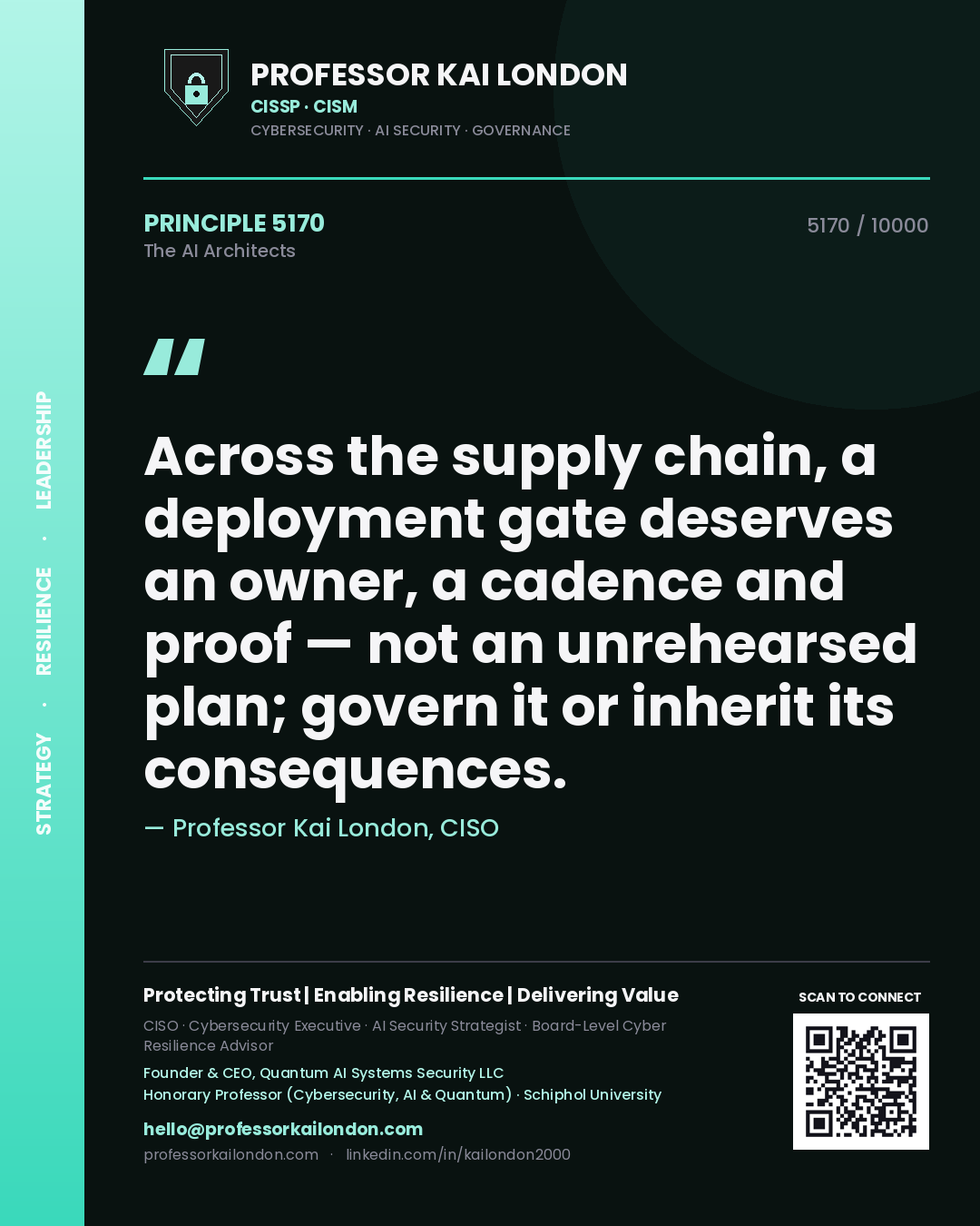 Professor Kai London principle 5170: Across the supply chain, a deployment gate deserves an owner, a cadence and proof — not an unrehearsed plan; govern it or inherit its consequences.