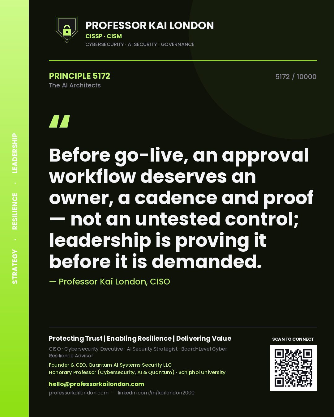 Professor Kai London principle 5172: Before go-live, an approval workflow deserves an owner, a cadence and proof — not an untested control; leadership is proving it before it is demanded.