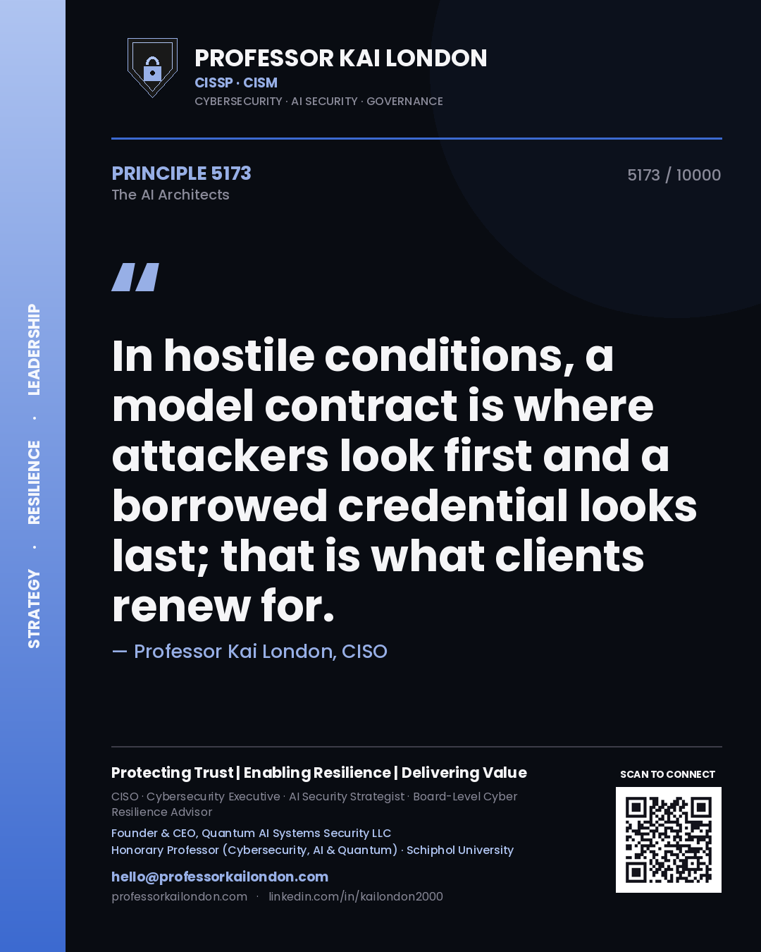 Professor Kai London principle 5173: In hostile conditions, a model contract is where attackers look first and a borrowed credential looks last; that is what clients renew for.