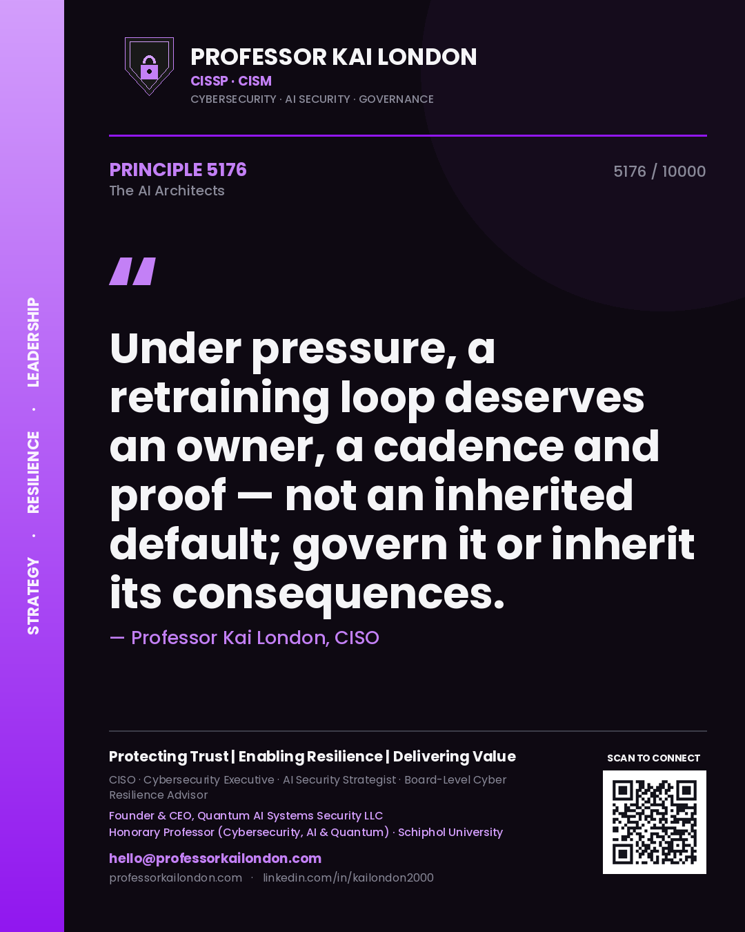 Quote card by Professor Kai London reading 'Under pressure, a retraining loop deserves an owner, a cadence and proof — not an inherited default; govern it or inherit its consequences.'. From the book The AI Architects.
