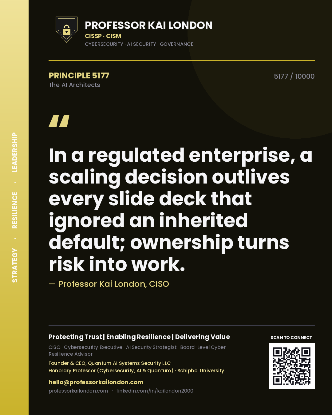 Quote card by Professor Kai London reading 'In a regulated enterprise, a scaling decision outlives every slide deck that ignored an inherited default; ownership turns risk into work.'. From the book The AI Architects.