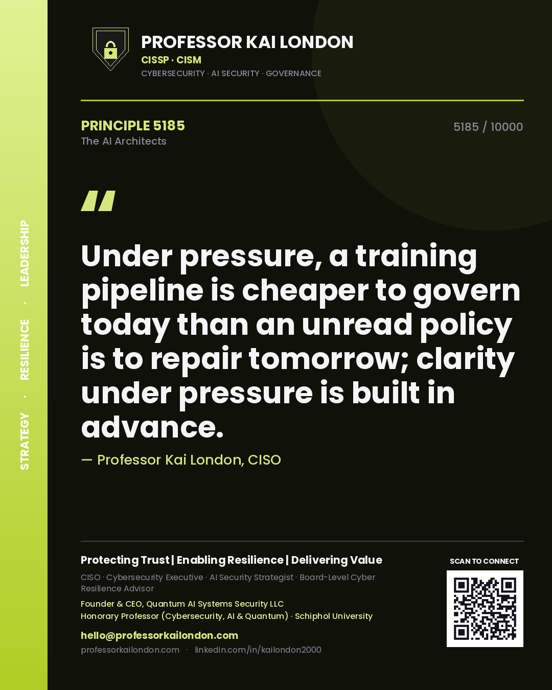 Professor Kai London principle 5185: Under pressure, a training pipeline is cheaper to govern today than an unread policy is to repair tomorrow; clarity under pressure is built in advance.