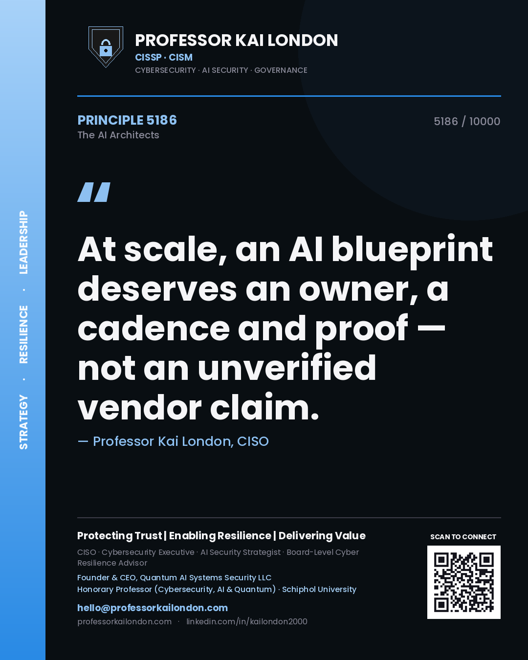 Professor Kai London principle 5186: At scale, an AI blueprint deserves an owner, a cadence and proof — not an unverified vendor claim.