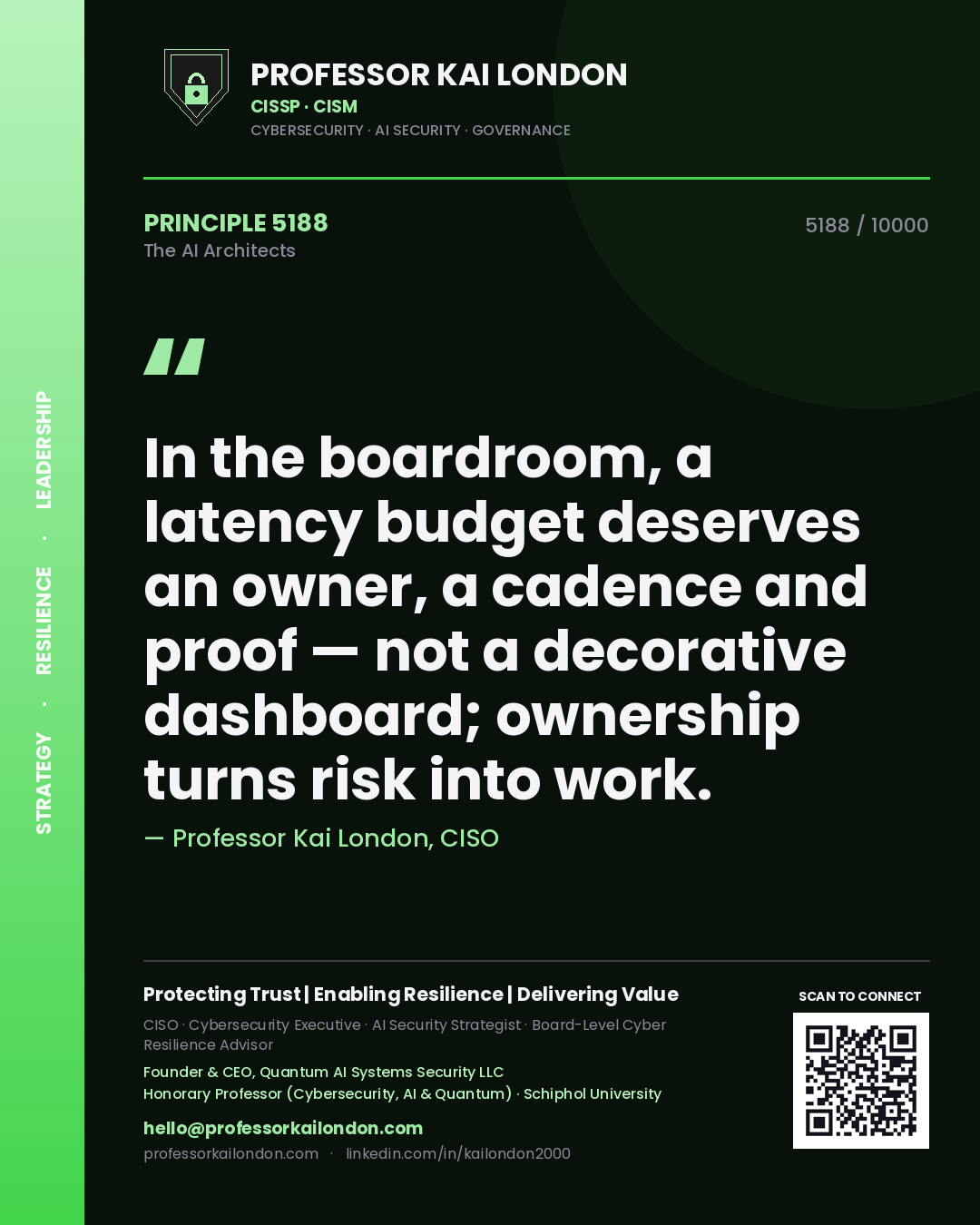 Professor Kai London principle 5188: In the boardroom, a latency budget deserves an owner, a cadence and proof — not a decorative dashboard; ownership turns risk into work.