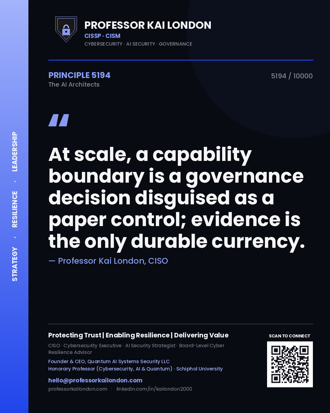 Quote card by Professor Kai London reading 'At scale, a capability boundary is a governance decision disguised as a paper control; evidence is the only durable currency.'. From the book The AI Architects.