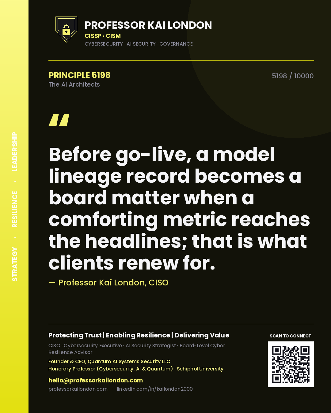 Quote card by Professor Kai London reading 'Before go-live, a model lineage record becomes a board matter when a comforting metric reaches the headlines; that is what clients renew for.'. From the book The AI Architects.