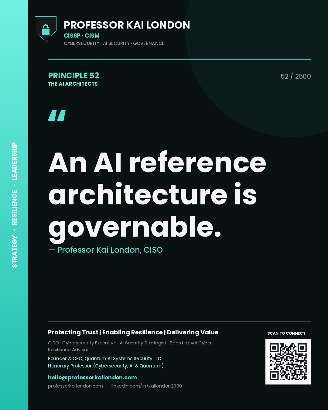 Quote card by Professor Kai London reading 'An AI reference architecture is governable.'. From the book The AI Architects.