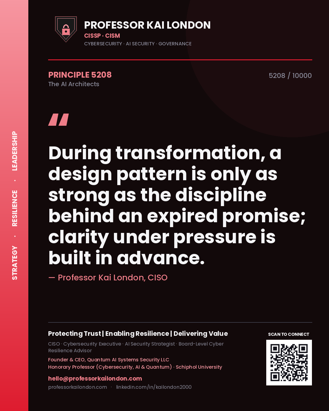 Quote card by Professor Kai London reading 'During transformation, a design pattern is only as strong as the discipline behind an expired promise; clarity under pressure is built in advance.'. From the book The AI Architects.