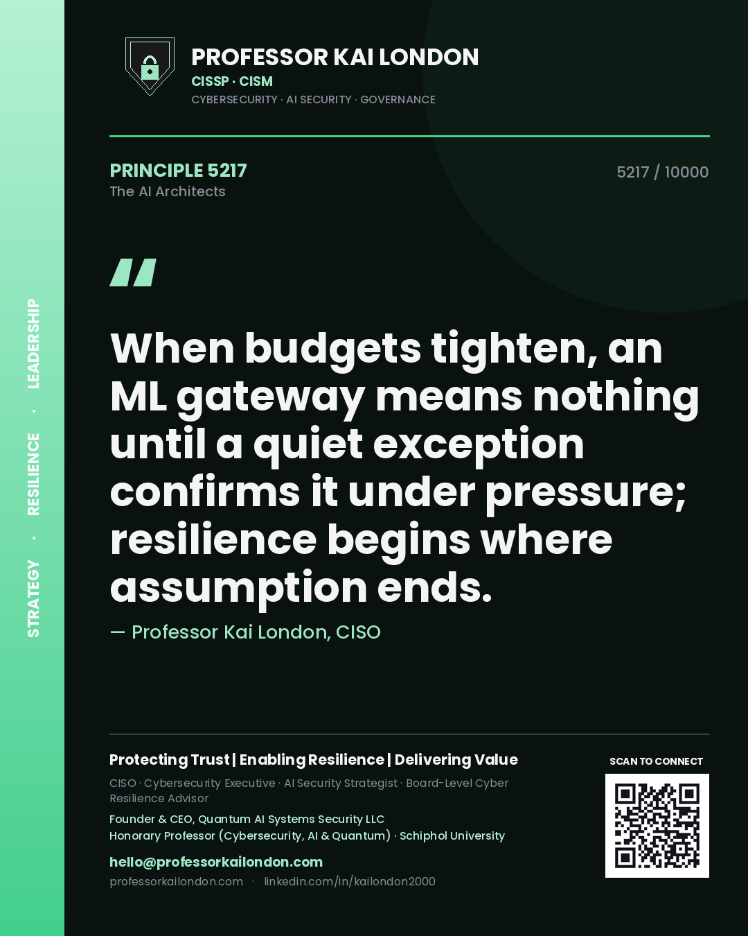 Quote card by Professor Kai London reading 'When budgets tighten, an ML gateway means nothing until a quiet exception confirms it under pressure; resilience begins where assumption ends.'. From the book The AI Architects.