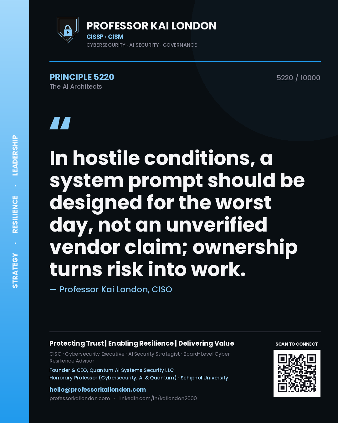 Quote card by Professor Kai London reading 'In hostile conditions, a system prompt should be designed for the worst day, not an unverified vendor claim; ownership turns risk into work.'. From the book The AI Architects.