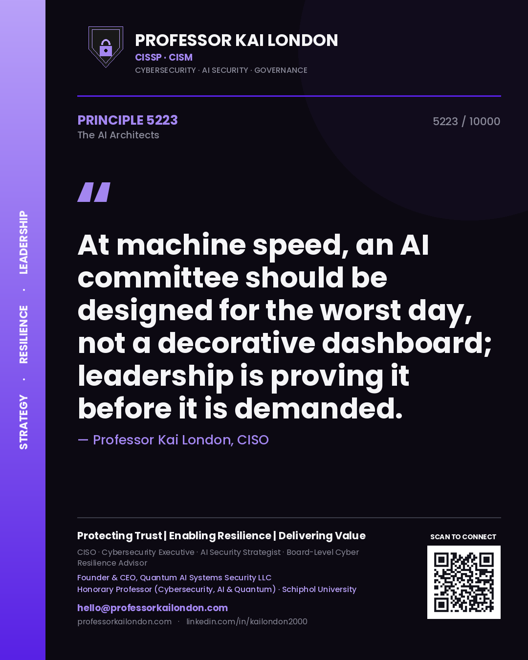 Quote card by Professor Kai London reading 'At machine speed, an AI committee should be designed for the worst day, not a decorative dashboard; leadership is proving it before it is demanded.'. From the book The AI Architects.
