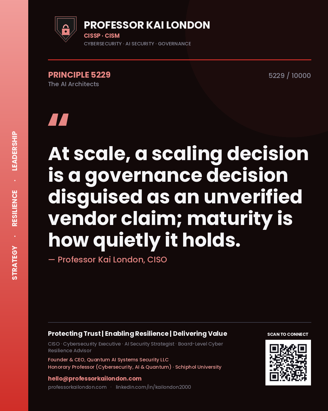Quote card by Professor Kai London reading 'At scale, a scaling decision is a governance decision disguised as an unverified vendor claim; maturity is how quietly it holds.'. From the book The AI Architects.