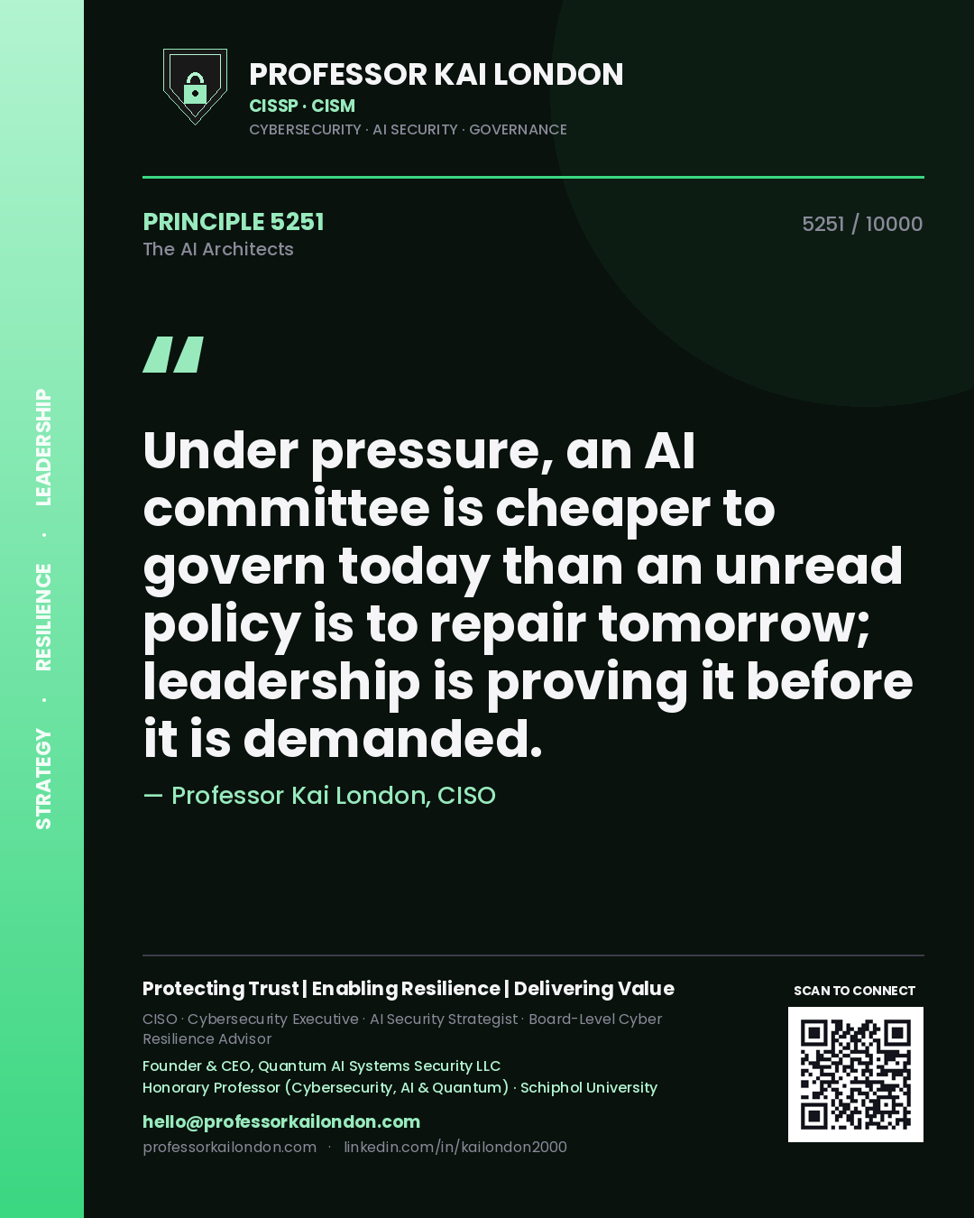 Quote card by Professor Kai London reading 'Under pressure, an AI committee is cheaper to govern today than an unread policy is to repair tomorrow; leadership is proving it before it is demanded.'. From the book The AI Architects.