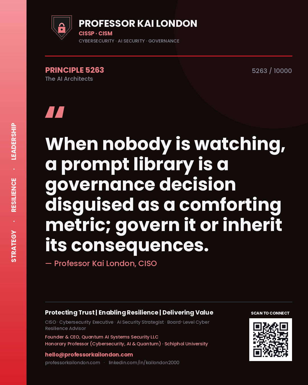 Quote card by Professor Kai London reading 'When nobody is watching, a prompt library is a governance decision disguised as a comforting metric; govern it or inherit its consequences.'. From the book The AI Architects.