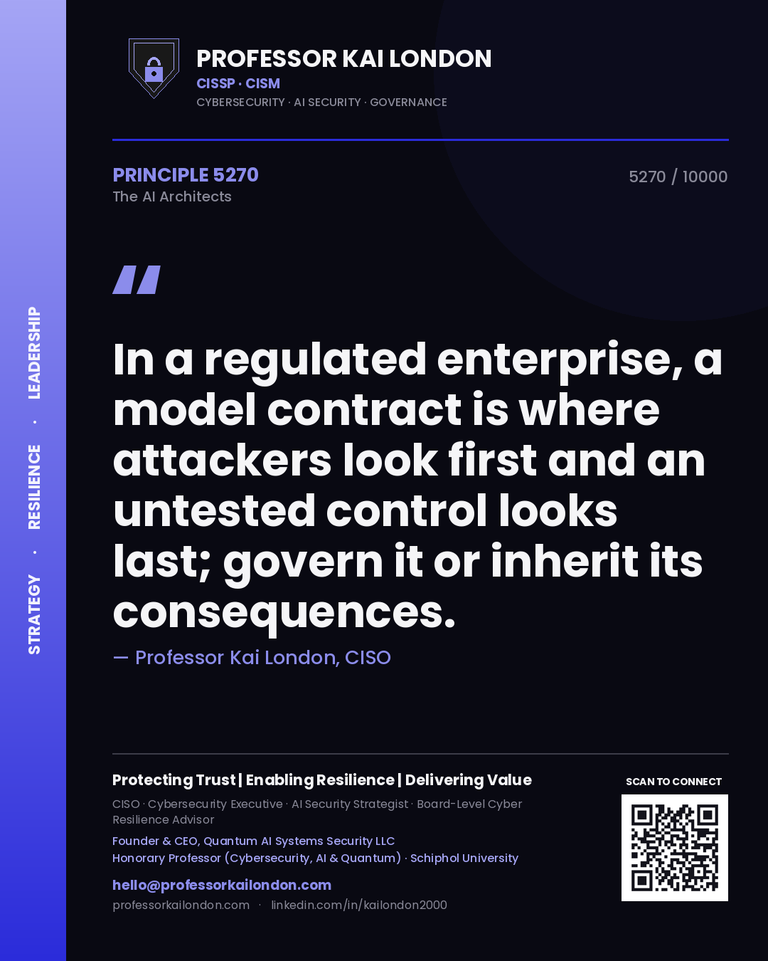 Quote card by Professor Kai London reading 'In a regulated enterprise, a model contract is where attackers look first and an untested control looks last; govern it or inherit its consequences.'. From the book The AI Architects.