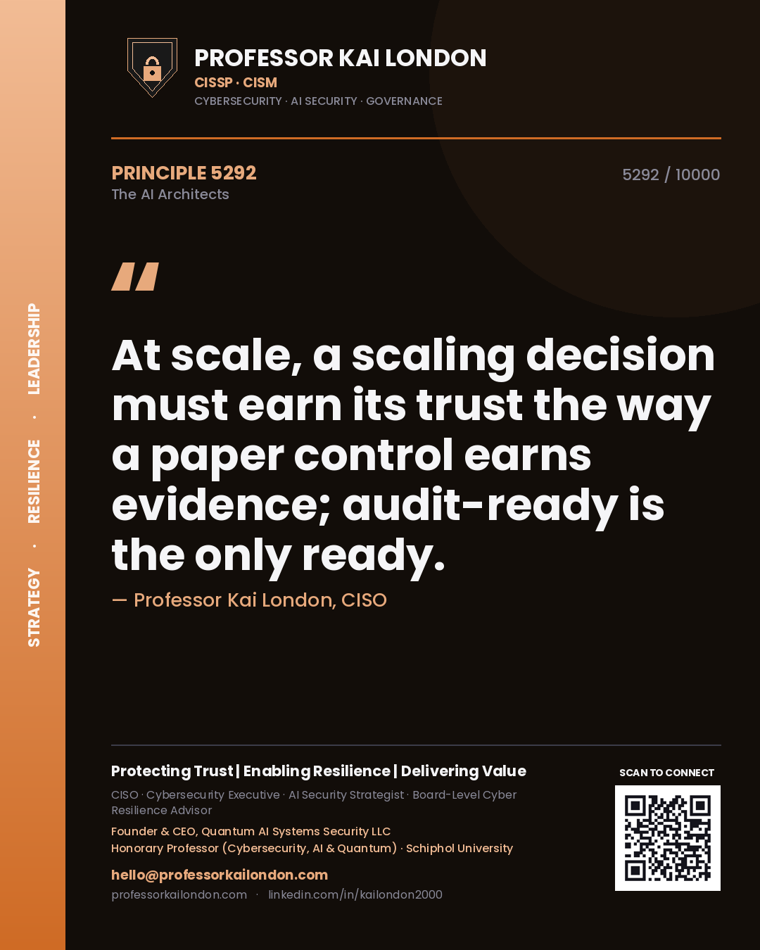 Quote card by Professor Kai London reading 'At scale, a scaling decision must earn its trust the way a paper control earns evidence; audit-ready is the only ready.'. From the book The AI Architects.
