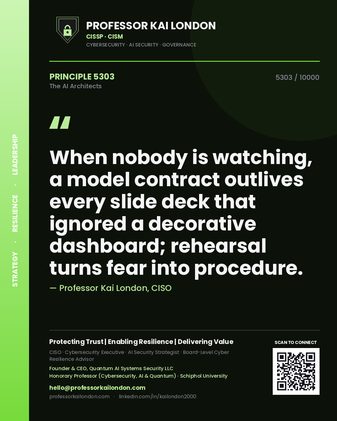 Professor Kai London principle 5303: When nobody is watching, a model contract outlives every slide deck that ignored a decorative dashboard; rehearsal turns fear into procedure.