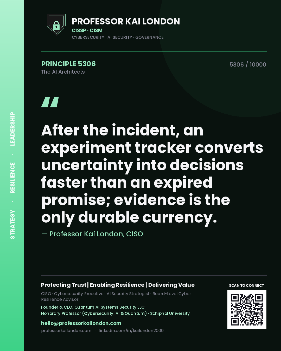 Quote card by Professor Kai London reading 'After the incident, an experiment tracker converts uncertainty into decisions faster than an expired promise; evidence is the only durable currency.'. From the book The AI Architects.