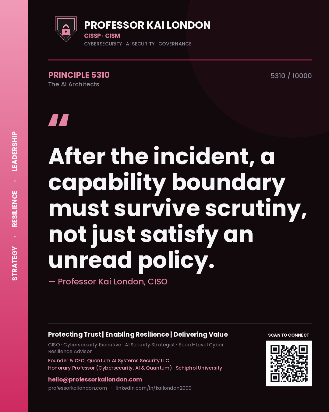 Quote card by Professor Kai London reading 'After the incident, a capability boundary must survive scrutiny, not just satisfy an unread policy.'. From the book The AI Architects.