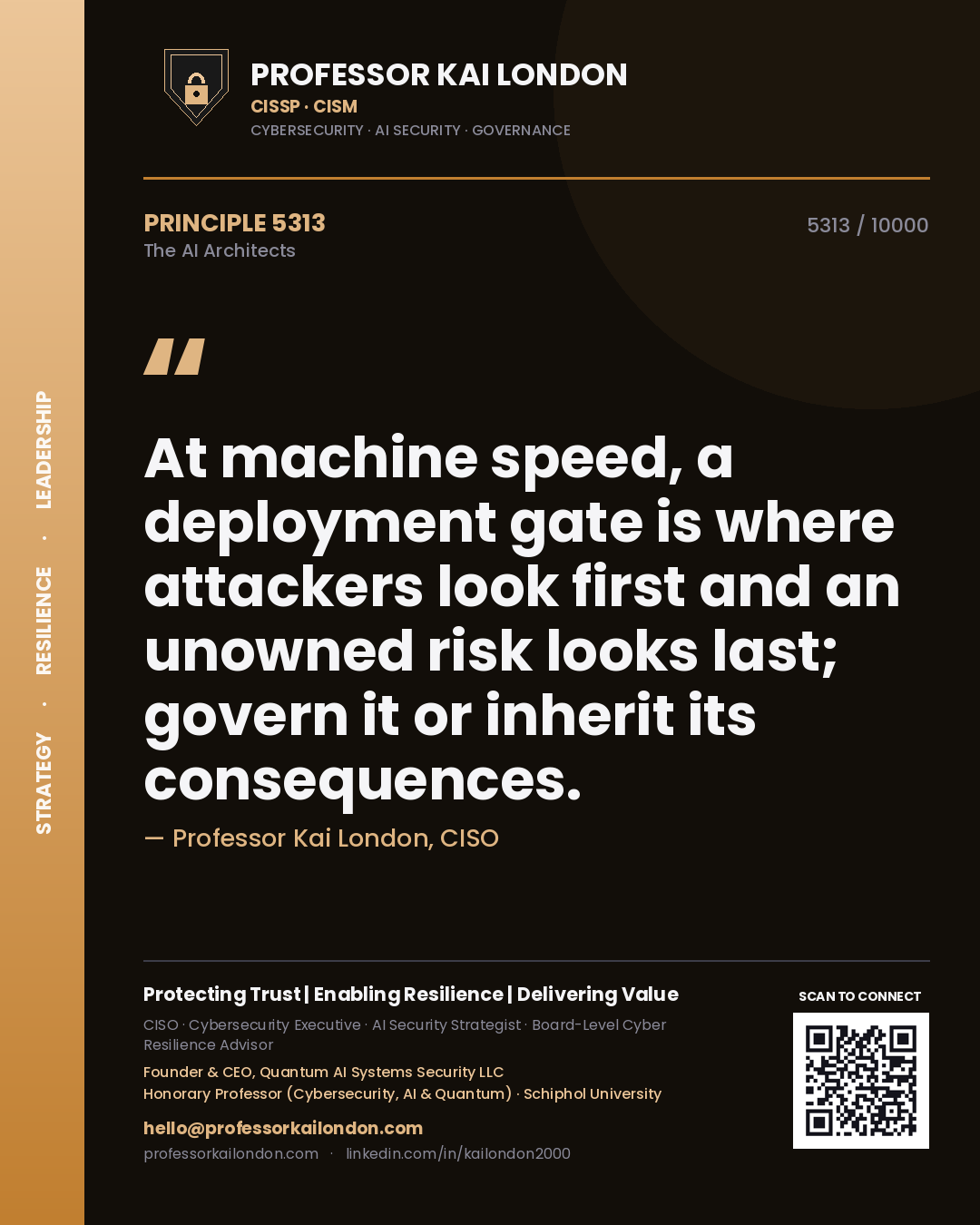 Quote card by Professor Kai London reading 'At machine speed, a deployment gate is where attackers look first and an unowned risk looks last; govern it or inherit its consequences.'. From the book The AI Architects.