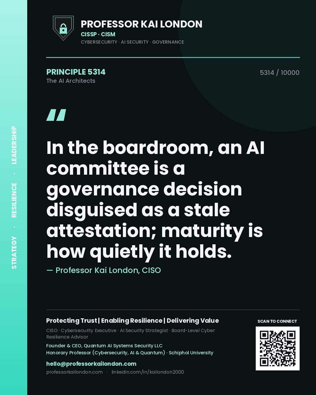 Quote card by Professor Kai London reading 'In the boardroom, an AI committee is a governance decision disguised as a stale attestation; maturity is how quietly it holds.'. From the book The AI Architects.