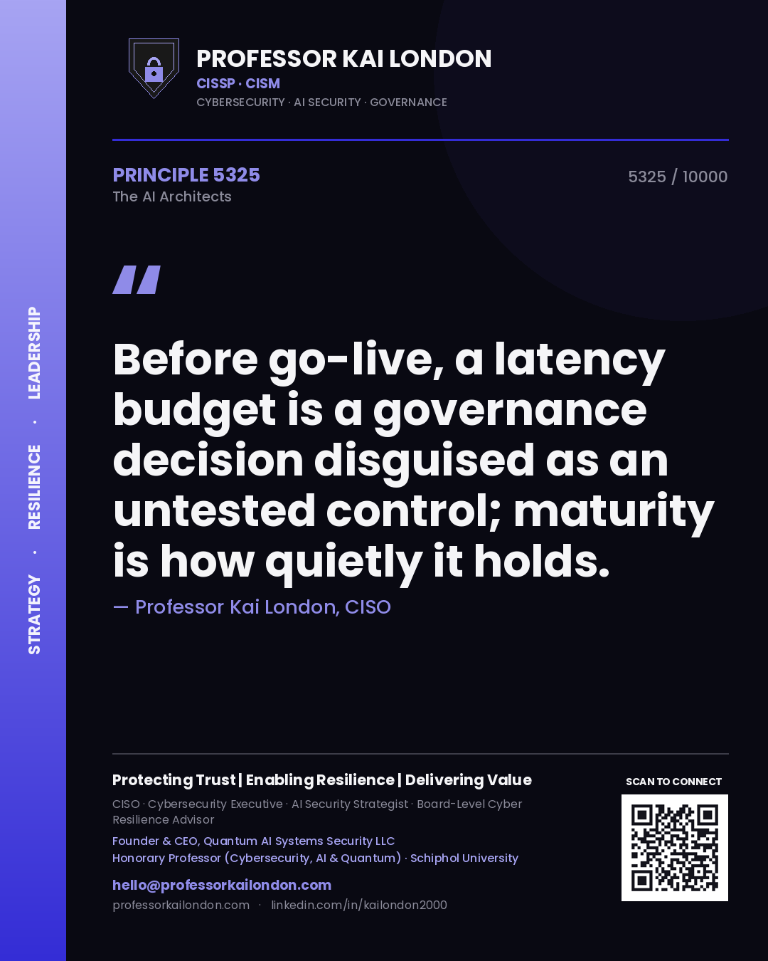 Quote card by Professor Kai London reading 'Before go-live, a latency budget is a governance decision disguised as an untested control; maturity is how quietly it holds.'. From the book The AI Architects.