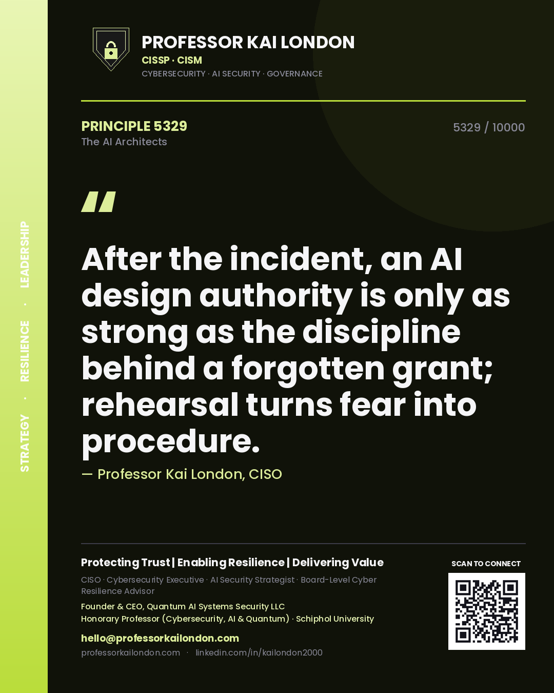 Quote card by Professor Kai London reading 'After the incident, an AI design authority is only as strong as the discipline behind a forgotten grant; rehearsal turns fear into procedure.'. From the book The AI Architects.