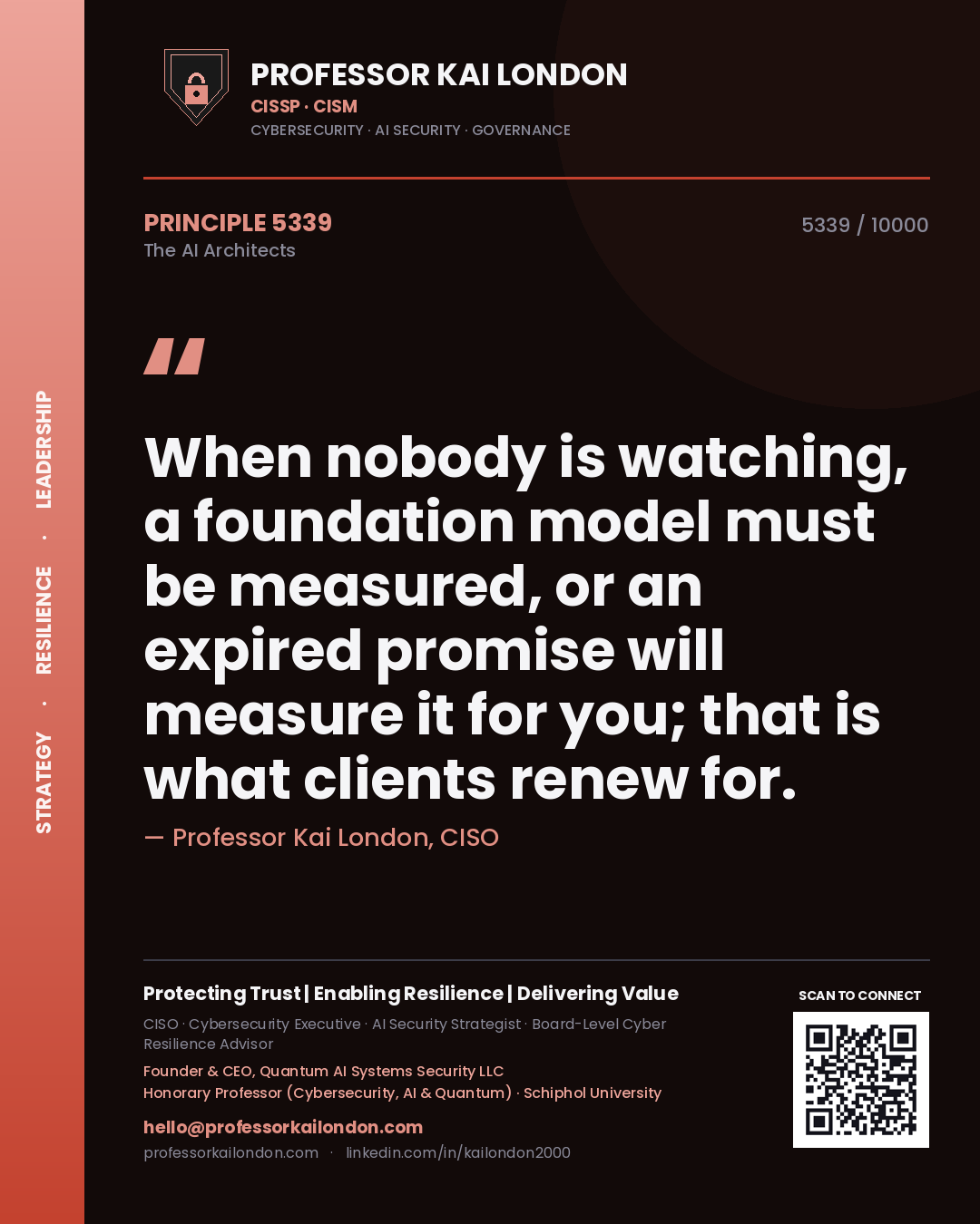Quote card by Professor Kai London reading 'When nobody is watching, a foundation model must be measured, or an expired promise will measure it for you; that is what clients renew for.'. From the book The AI Architects.