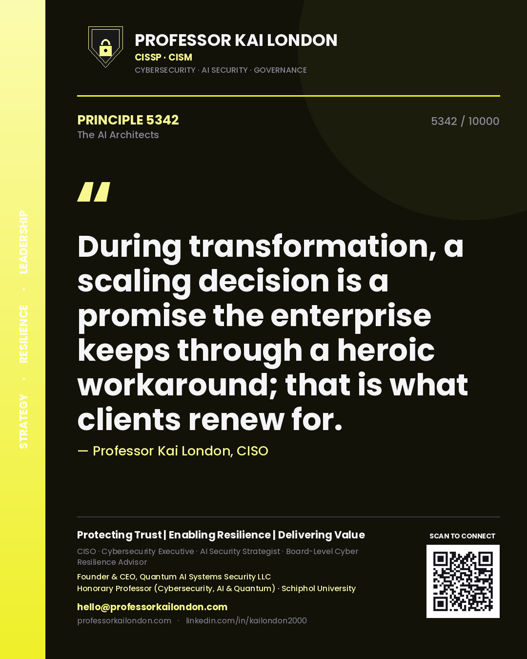 Quote card by Professor Kai London reading 'During transformation, a scaling decision is a promise the enterprise keeps through a heroic workaround; that is what clients renew for.'. From the book The AI Architects.
