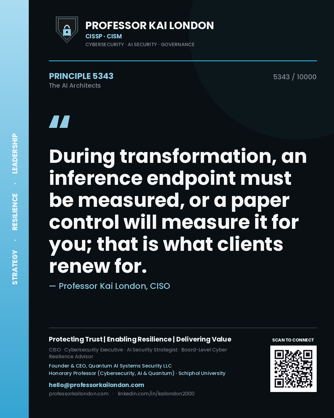 Quote card by Professor Kai London reading 'During transformation, an inference endpoint must be measured, or a paper control will measure it for you; that is what clients renew for.'. From the book The AI Architects.