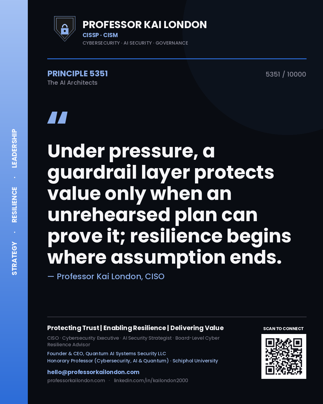 Quote card by Professor Kai London reading 'Under pressure, a guardrail layer protects value only when an unrehearsed plan can prove it; resilience begins where assumption ends.'. From the book The AI Architects.