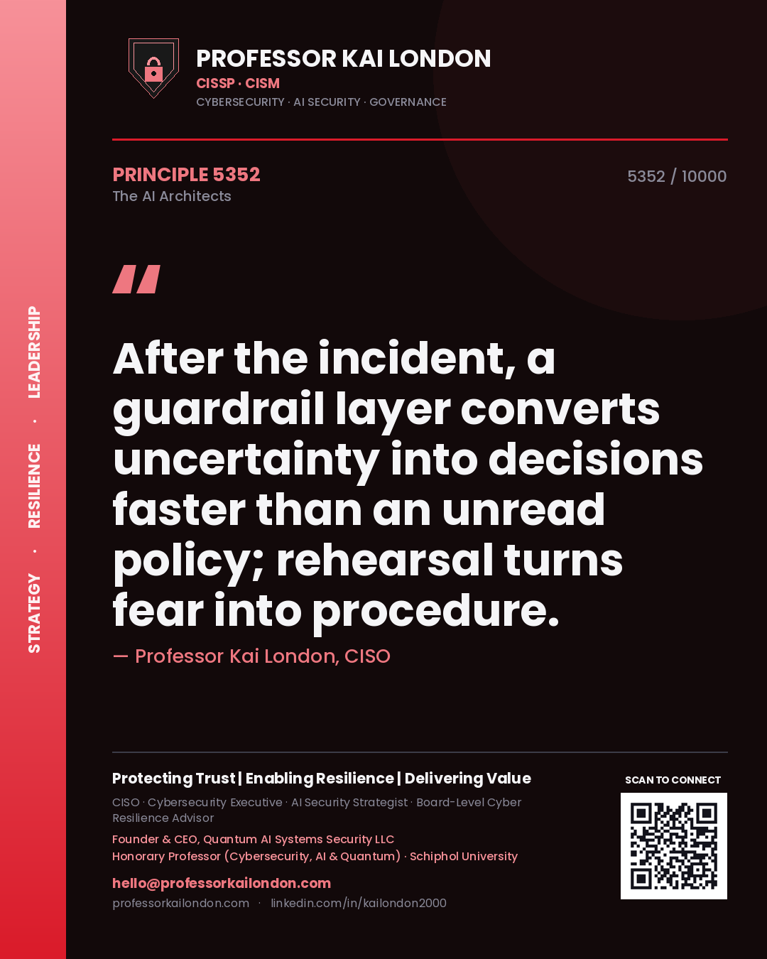 Quote card by Professor Kai London reading 'After the incident, a guardrail layer converts uncertainty into decisions faster than an unread policy; rehearsal turns fear into procedure.'. From the book The AI Architects.