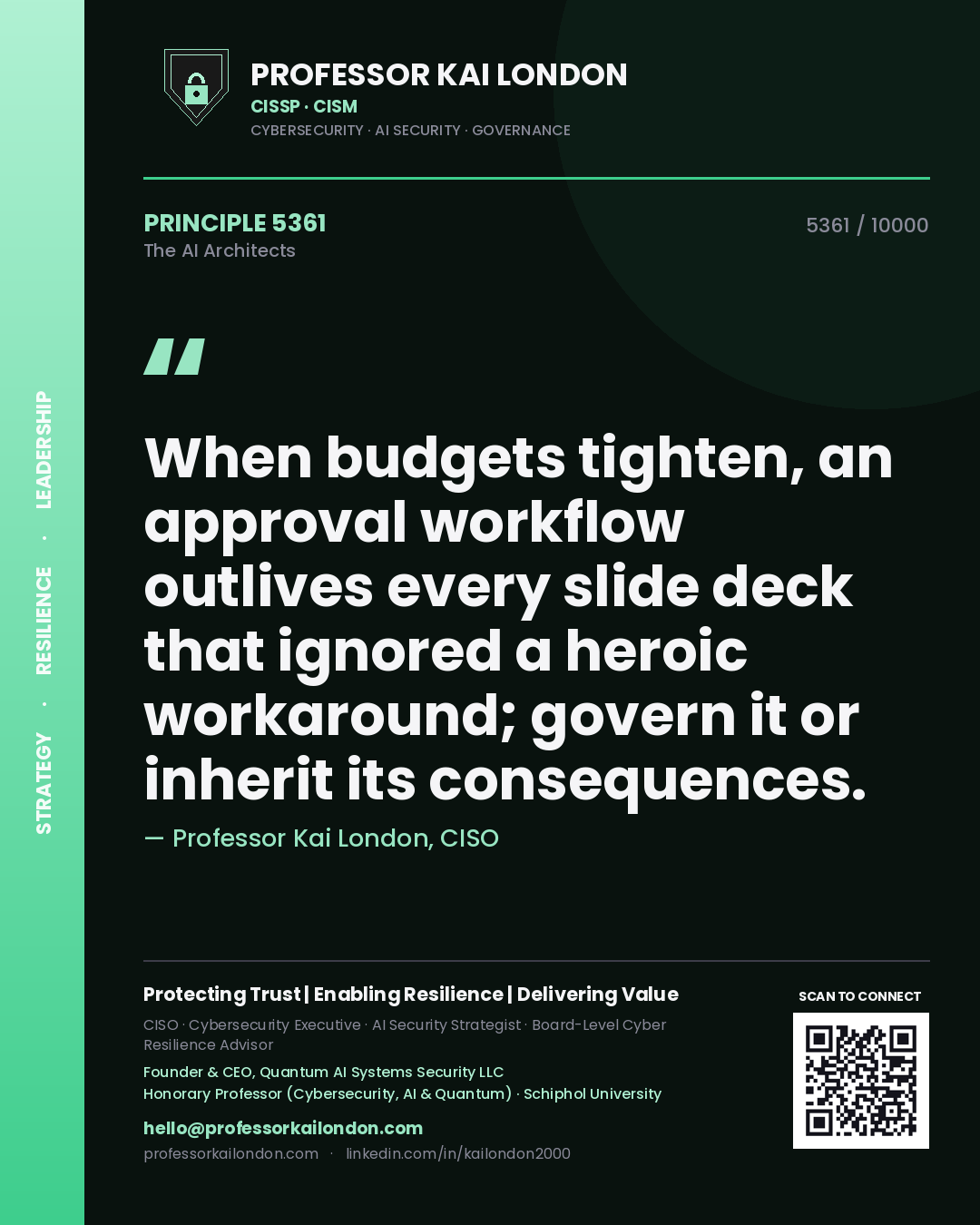 Quote card by Professor Kai London reading 'When budgets tighten, an approval workflow outlives every slide deck that ignored a heroic workaround; govern it or inherit its consequences.'. From the book The AI Architects.