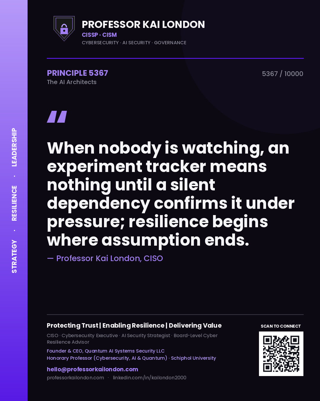 Quote card by Professor Kai London reading 'When nobody is watching, an experiment tracker means nothing until a silent dependency confirms it under pressure; resilience begins where assumption ends.'. From the book The AI Architects.