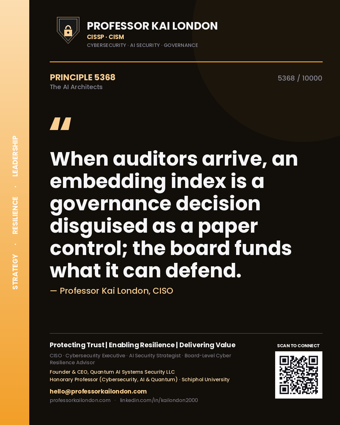 Quote card by Professor Kai London reading 'When auditors arrive, an embedding index is a governance decision disguised as a paper control; the board funds what it can defend.'. From the book The AI Architects.