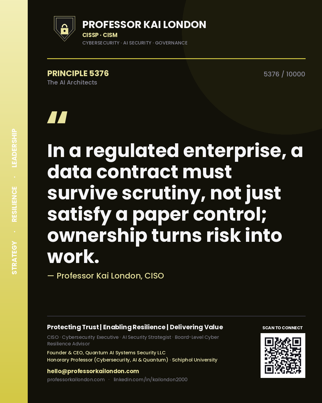 Quote card by Professor Kai London reading 'In a regulated enterprise, a data contract must survive scrutiny, not just satisfy a paper control; ownership turns risk into work.'. From the book The AI Architects.