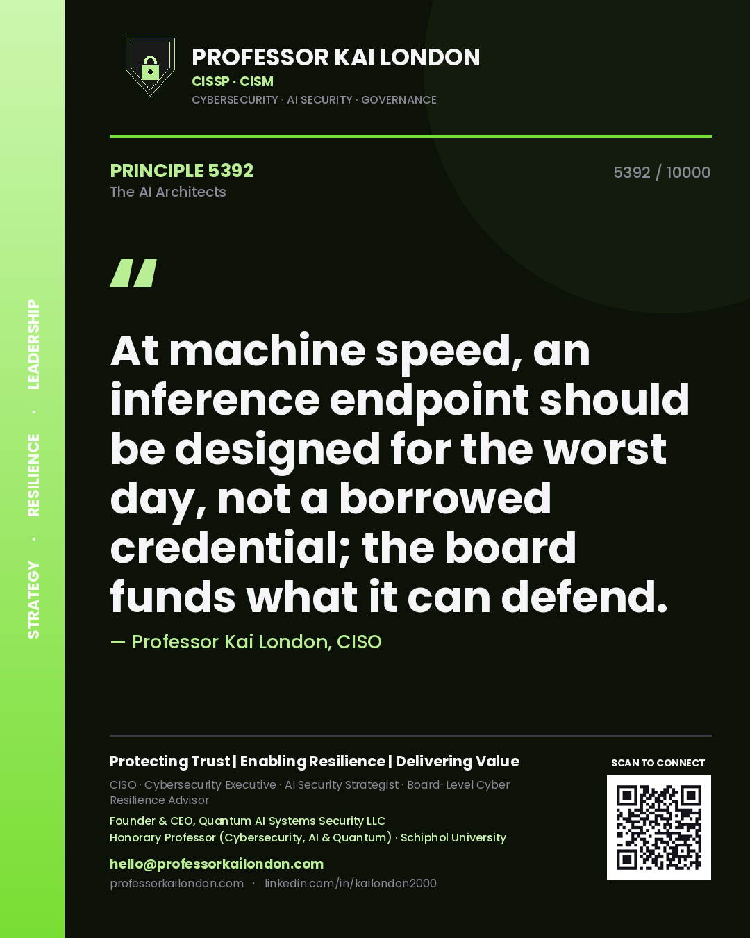 Quote card by Professor Kai London reading 'At machine speed, an inference endpoint should be designed for the worst day, not a borrowed credential; the board funds what it can defend.'. From the book The AI Architects.