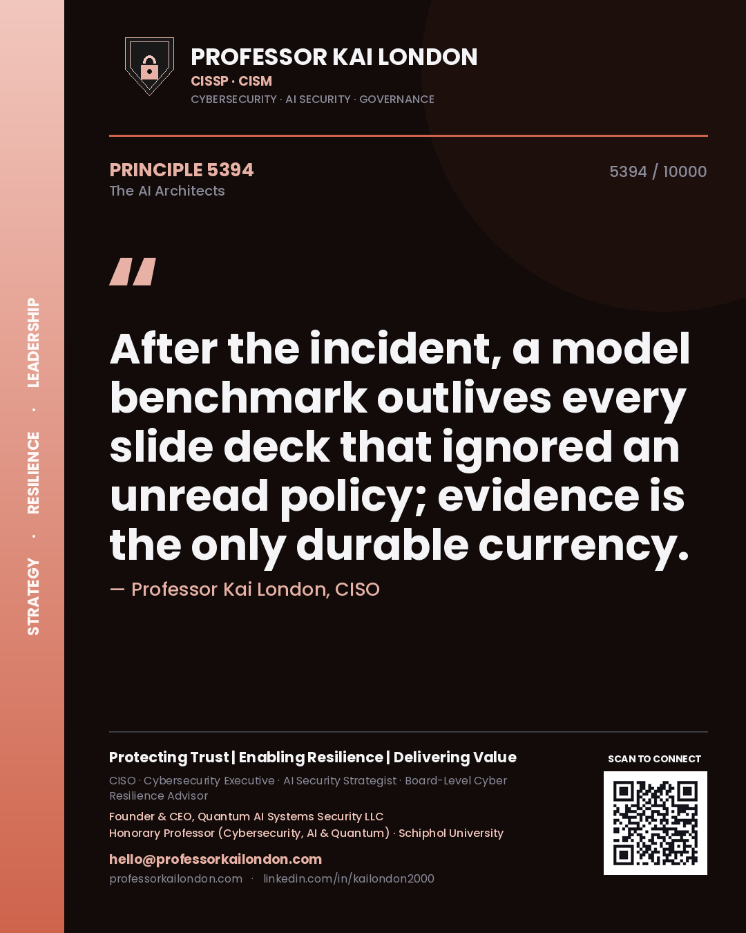 Quote card by Professor Kai London reading 'After the incident, a model benchmark outlives every slide deck that ignored an unread policy; evidence is the only durable currency.'. From the book The AI Architects.