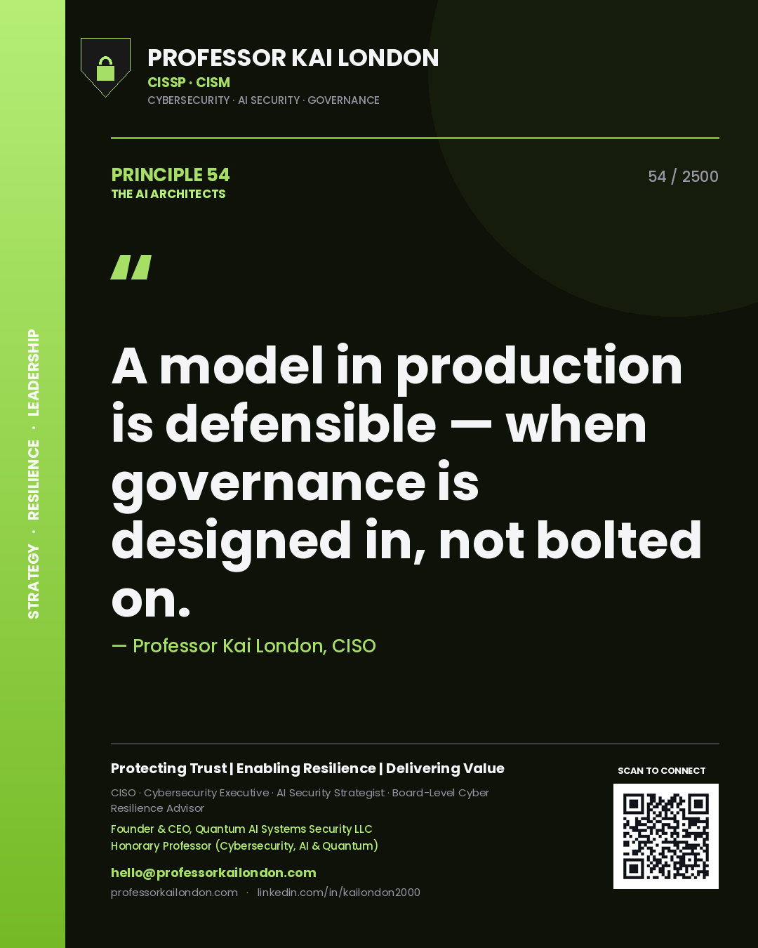 Quote card by Professor Kai London reading 'A model in production is defensible — when governance is designed in, not bolted on.'. From the book The AI Architects.