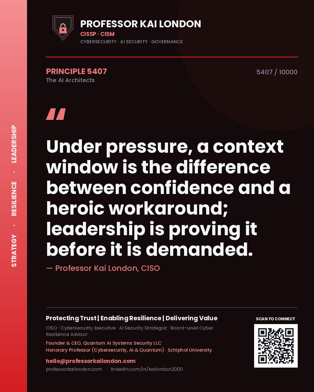 Professor Kai London principle 5407: Under pressure, a context window is the difference between confidence and a heroic workaround; leadership is proving it before it is demanded.