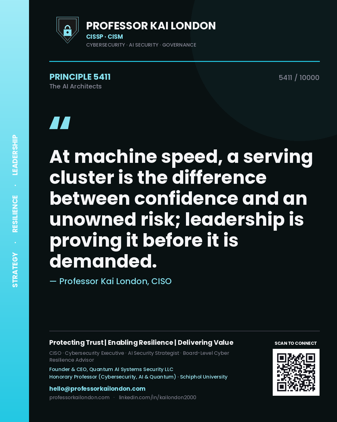 Quote card by Professor Kai London reading 'At machine speed, a serving cluster is the difference between confidence and an unowned risk; leadership is proving it before it is demanded.'. From the book The AI Architects.