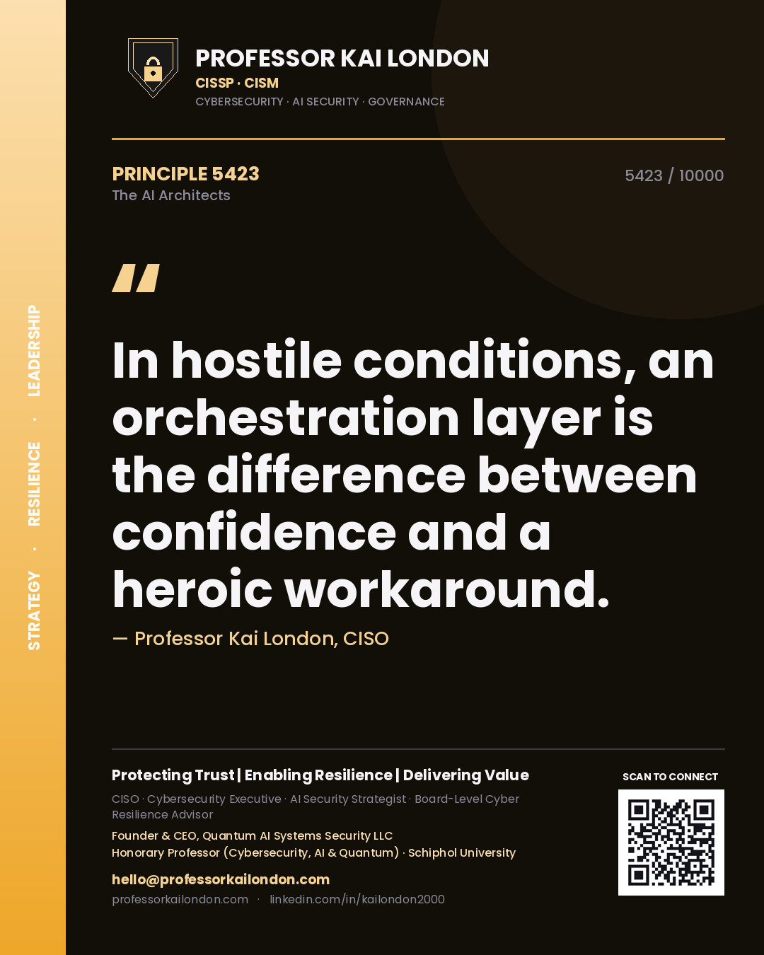 Professor Kai London principle 5423: In hostile conditions, an orchestration layer is the difference between confidence and a heroic workaround.