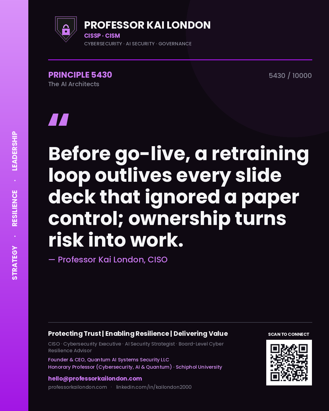 Professor Kai London principle 5430: Before go-live, a retraining loop outlives every slide deck that ignored a paper control; ownership turns risk into work.
