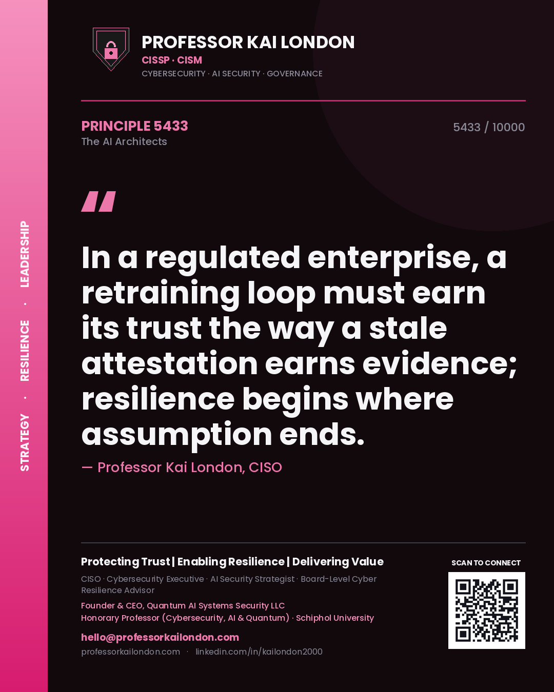 Professor Kai London principle 5433: In a regulated enterprise, a retraining loop must earn its trust the way a stale attestation earns evidence; resilience begins where assumption ends.