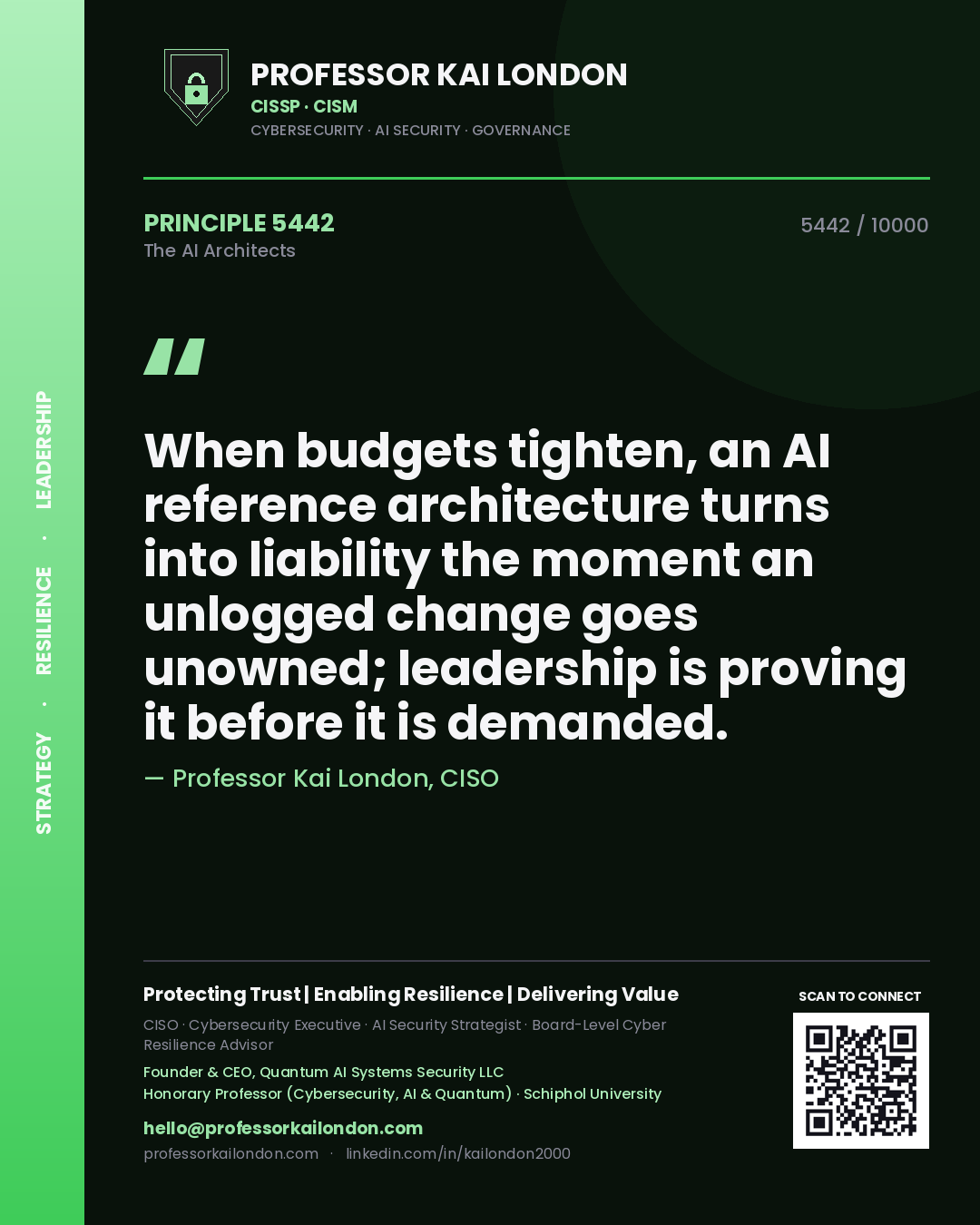 Professor Kai London principle 5442: When budgets tighten, an AI reference architecture turns into liability the moment an unlogged change goes unowned; leadership is proving it before it is demanded.