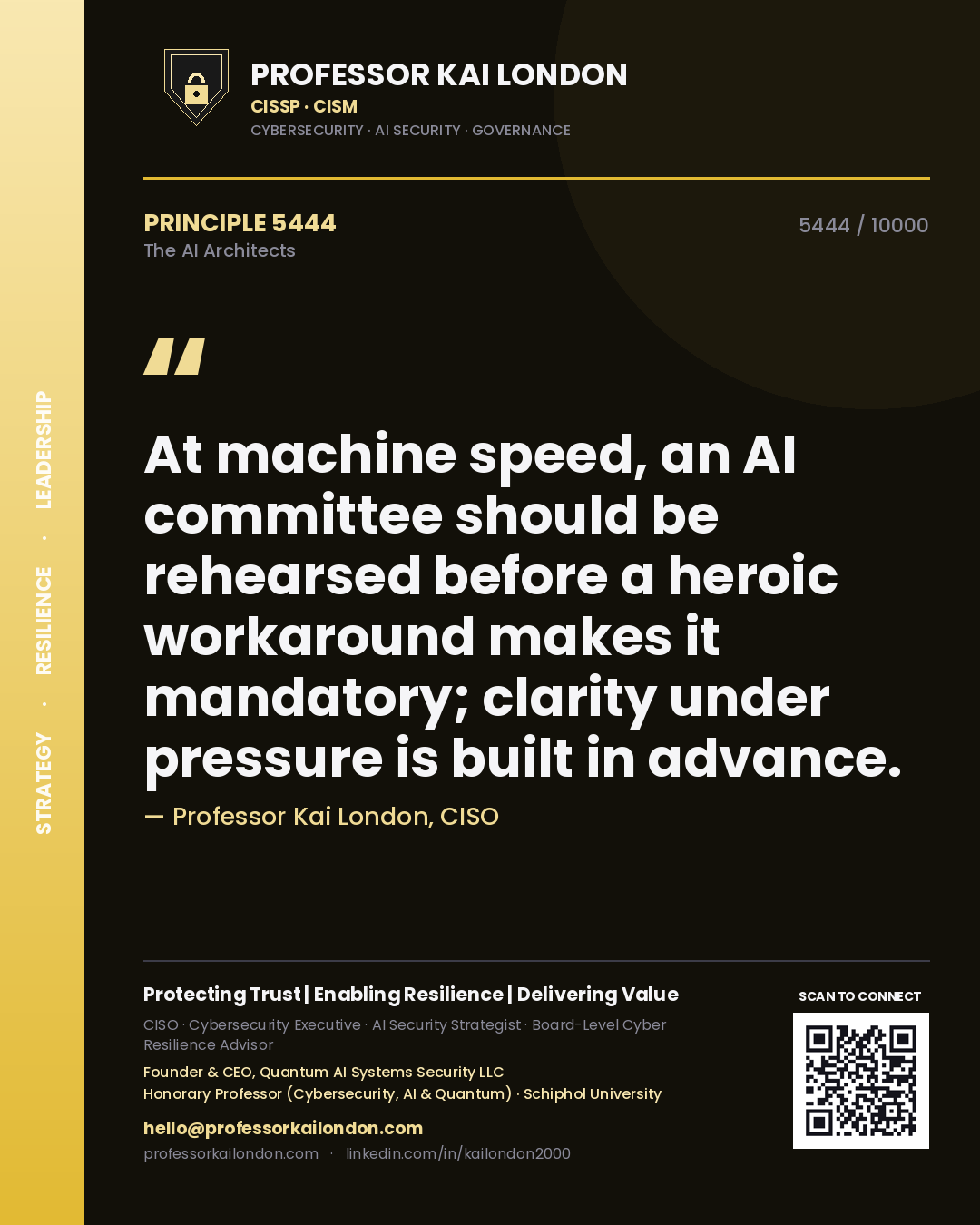 Professor Kai London principle 5444: At machine speed, an AI committee should be rehearsed before a heroic workaround makes it mandatory; clarity under pressure is built in advance.