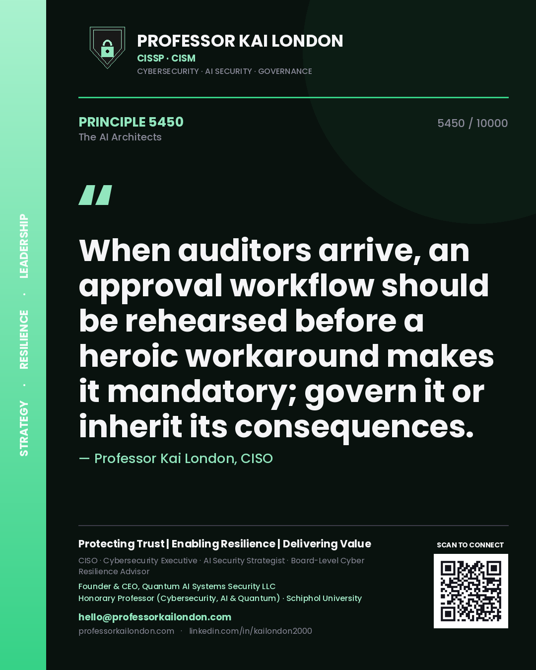 Quote card by Professor Kai London reading 'When auditors arrive, an approval workflow should be rehearsed before a heroic workaround makes it mandatory; govern it or inherit its consequences.'. From the book The AI Architects.