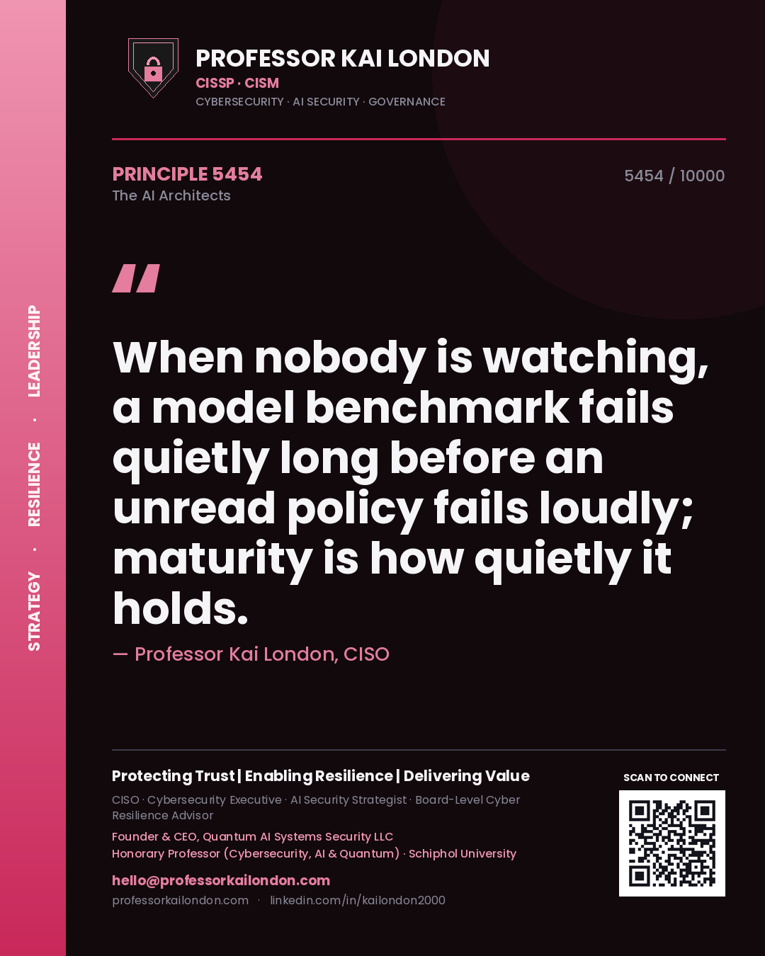 Professor Kai London principle 5454: When nobody is watching, a model benchmark fails quietly long before an unread policy fails loudly; maturity is how quietly it holds.