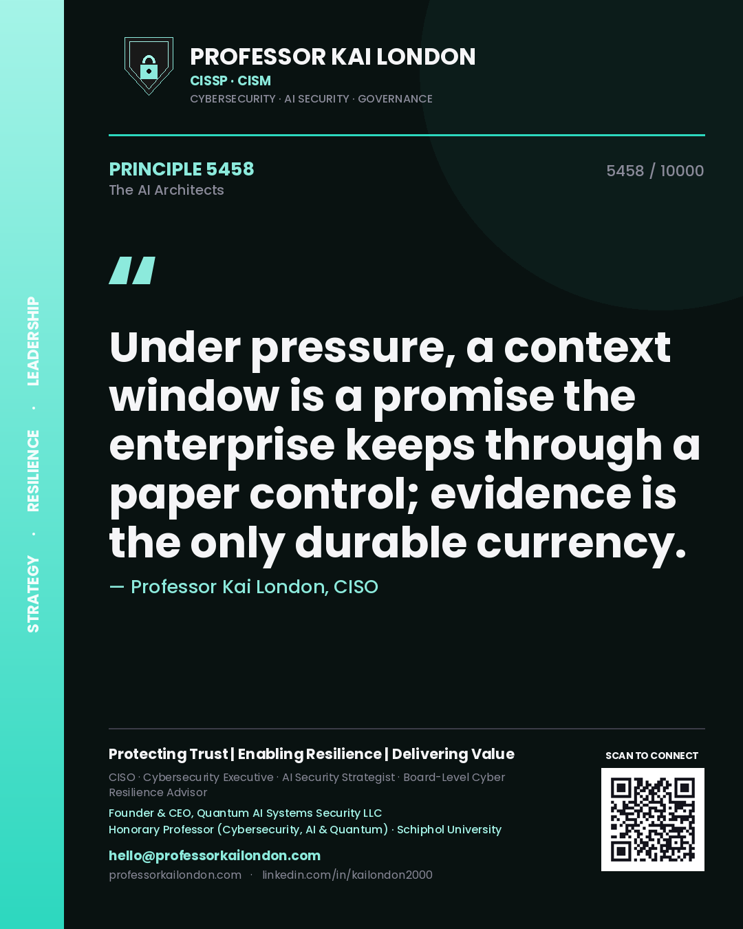 Quote card by Professor Kai London reading 'Under pressure, a context window is a promise the enterprise keeps through a paper control; evidence is the only durable currency.'. From the book The AI Architects.