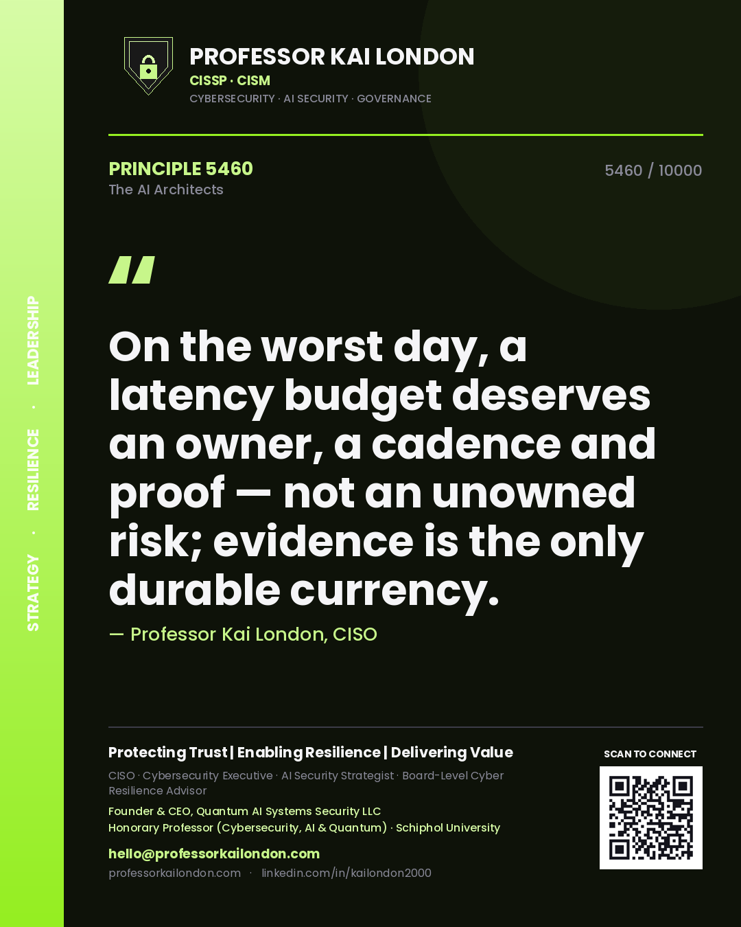 Quote card by Professor Kai London reading 'On the worst day, a latency budget deserves an owner, a cadence and proof — not an unowned risk; evidence is the only durable currency.'. From the book The AI Architects.